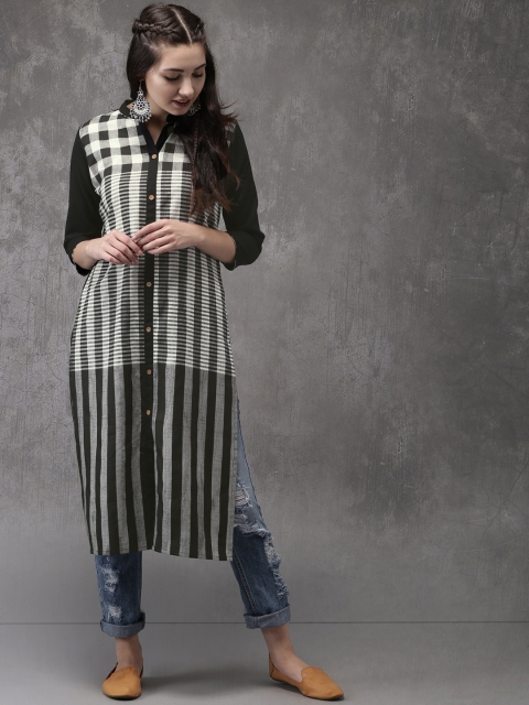 

Anouk Women Black & White Striped Straight Kurta