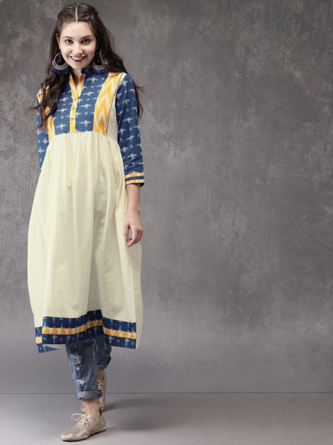 

Anouk Women White & Blue Yoke Design A-Line Kurta