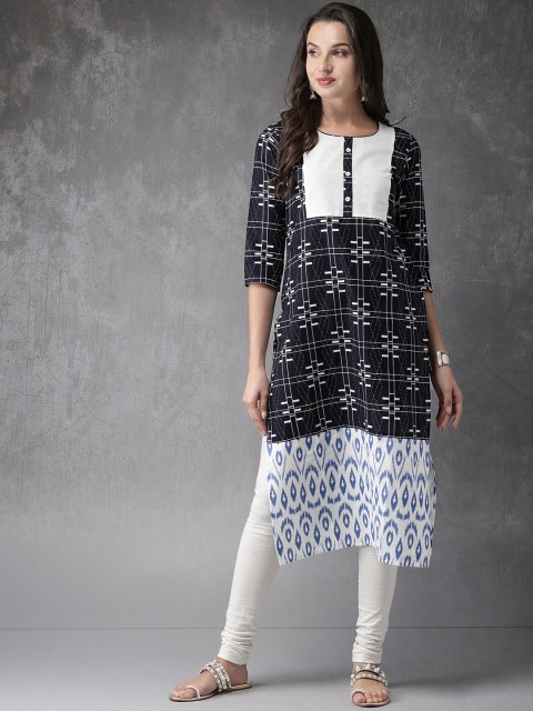 

Anouk Women Navy & White Printed Straight Kurta, Navy blue