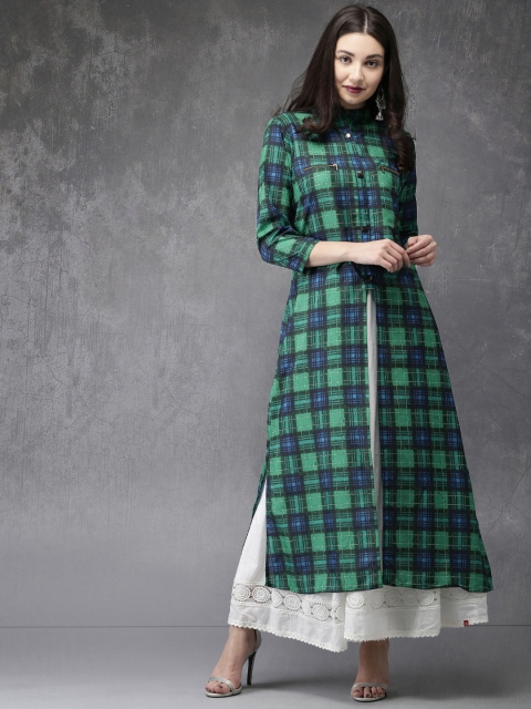 

Anouk Women Green & Blue Checked Straight Kurta