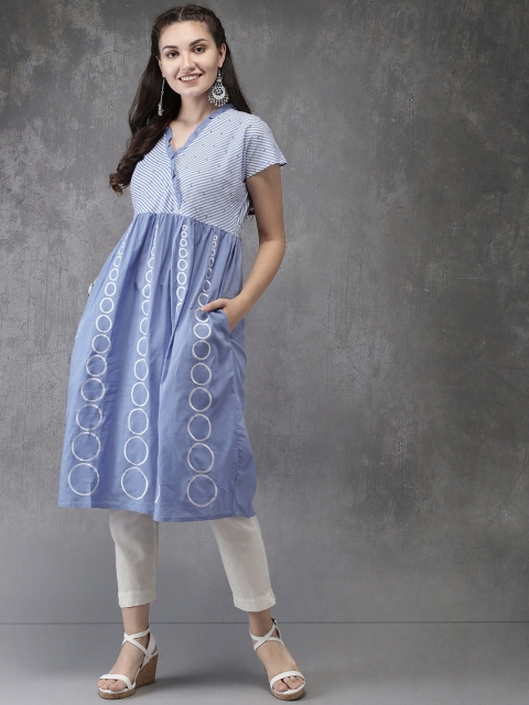 

Anouk Women Blue & White Embroidered A-Line Kurta