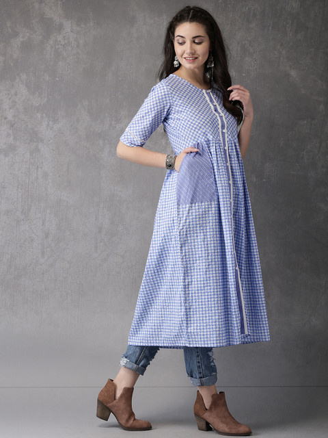 

Anouk Women Blue & White Checked A-Line Kurta