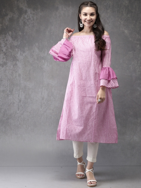 

Anouk Women Pink Checked & Printed A-Line Off-Shoulder Kurta