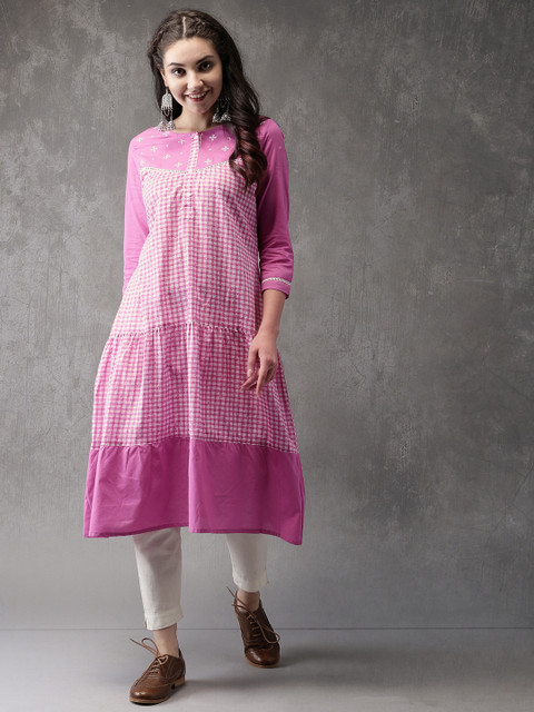 

Anouk Women Pink & White Checked Tiered A-Line Kurta with Embroidered Detail