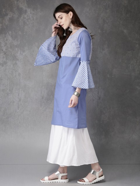 

Anouk Women Blue Yoke Design Striped Straight Kurta