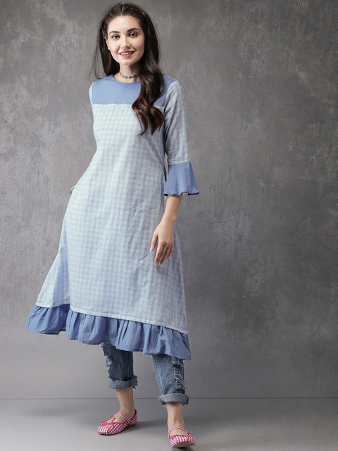 

Anouk Women Blue & White Checked A-Line Kurta