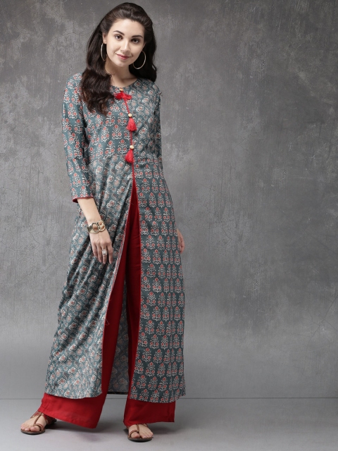 

Anouk Women Blue & Cream-Coloured Printed A-Line Kurta