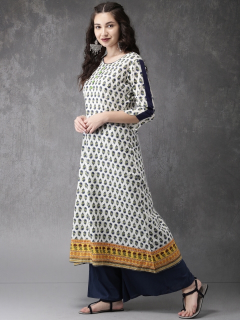 

Anouk Women White & Blue Printed A-Line Kurta