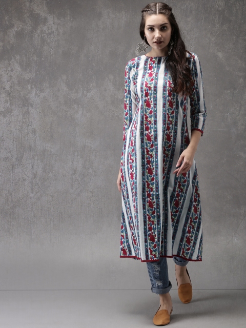 

Anouk Women White & Blue Striped A-Line Kurta