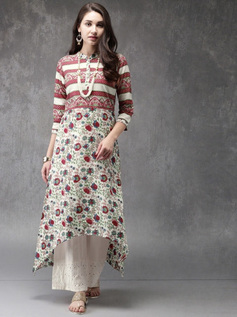 

Anouk Women Off-White & Red Printed A-Line Asymmetric Kurta