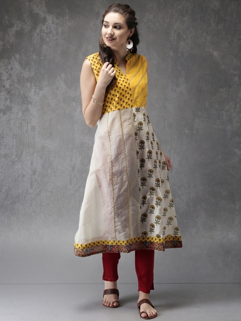 

Anouk Women Off-White & Yellow Printed A-Line Kurta