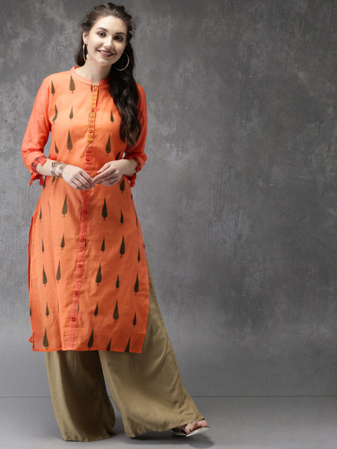 

Anouk Women Coral Orange Printed Straight Kurta