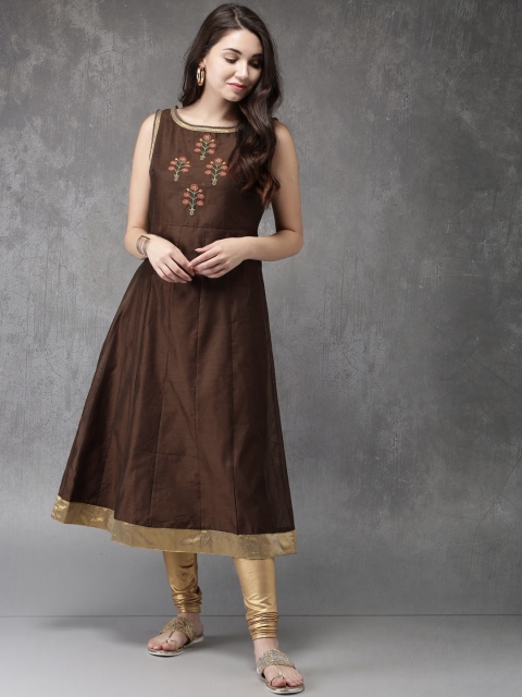 

Anouk Women Brown Chanderi Blend Woven Design Anarkali Kurta