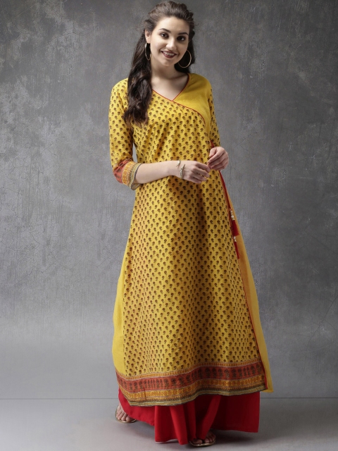 

Anouk Women Yellow Printed A-Line Angrakha Kurta