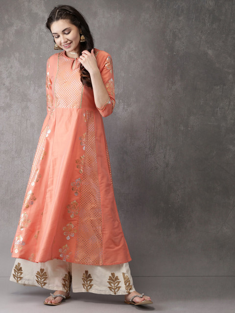 

Anouk Women Peach-Coloured Printed A-Line Kurta
