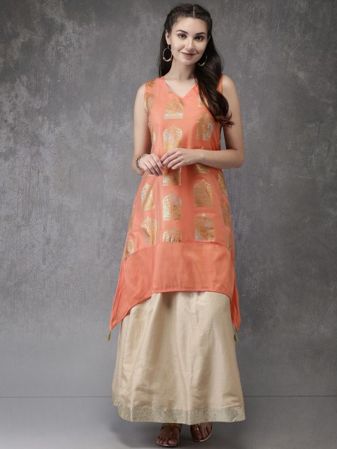

Anouk Women Peach-Coloured Printed Asymmetric A-Line Kurta