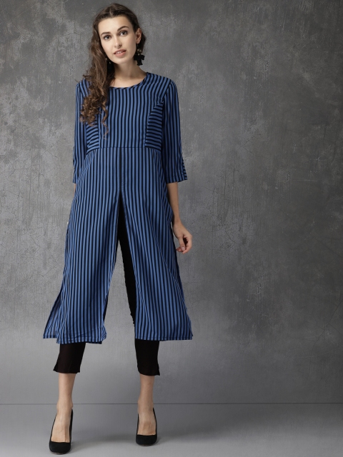

Anouk Women Blue & Black Striped Straight Kurta