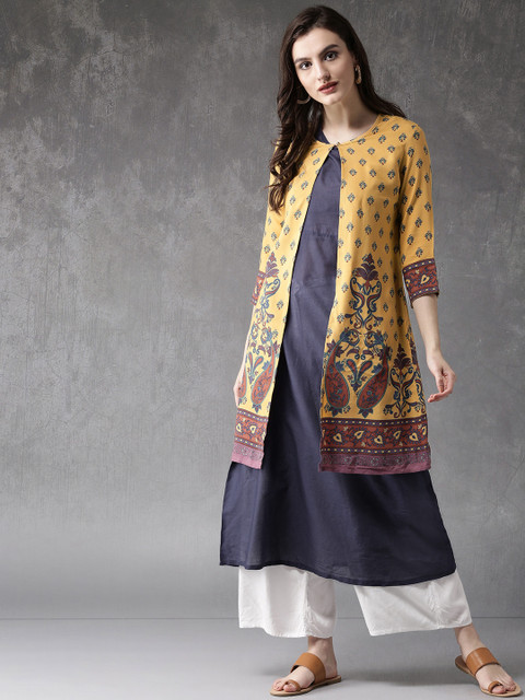 

Anouk Women Navy Blue & Mustard Yellow Printed A-Line Kurta with Ethnic Jacket