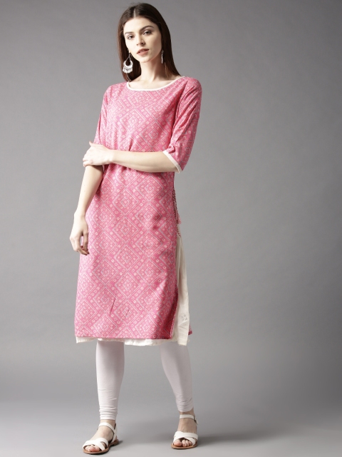 

HERE&NOW Women Pink & Off-White Printed Layered A-Line Kurta
