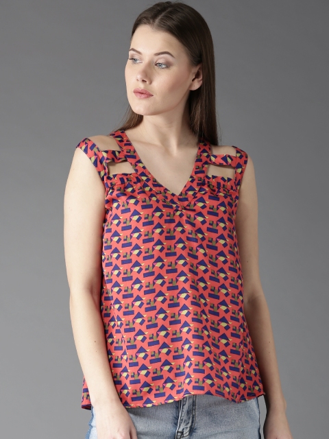 

HERE&NOW Women Orange & Navy Printed Cut-Out A-Line Top