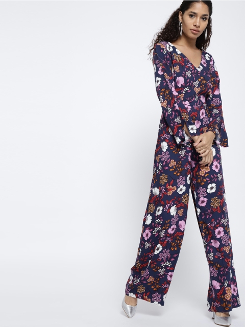 

MANGO Navy Blue & Pink Floral Print Basic Jumpsuit