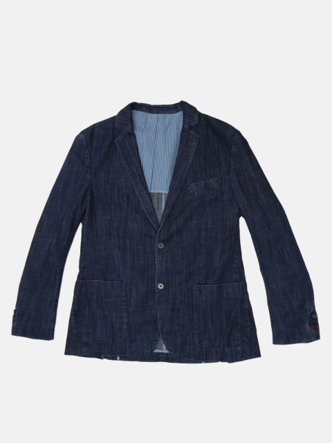 

Wills Lifestyle Men Navy Blue Solid Slim Fit Single-Breasted Denim Blazer