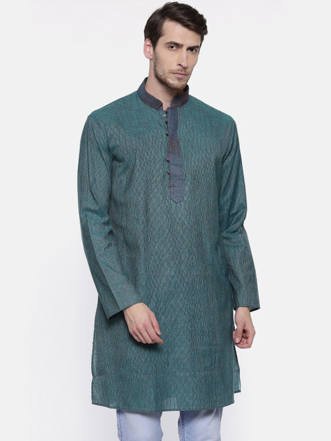 

Manish Creations Men Teal Striped Straight Kurta