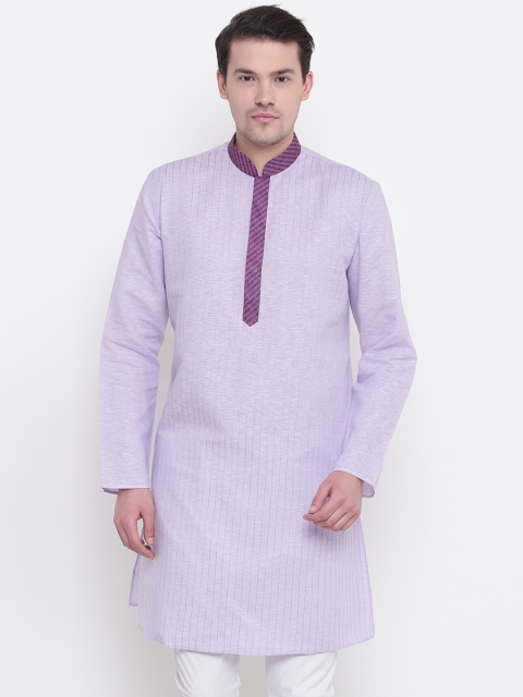 

Manish Creations Men Lavender Self-Striped Straight Kurta
