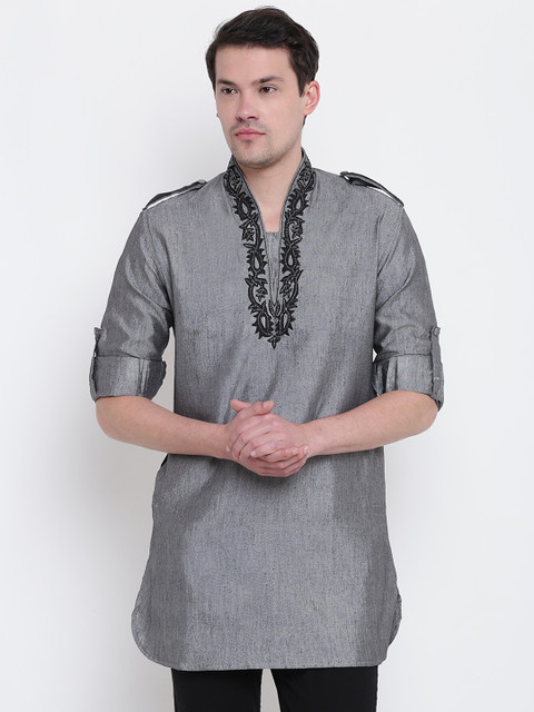 

Manish Creations Men Grey Solid Straight Kurta