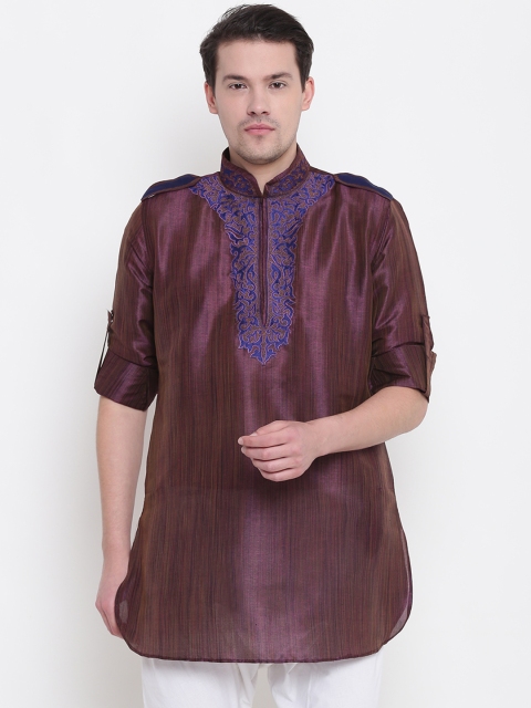 

Manish Creations Men Burgundy Dual-Toned Yoke Design Straight Kurta