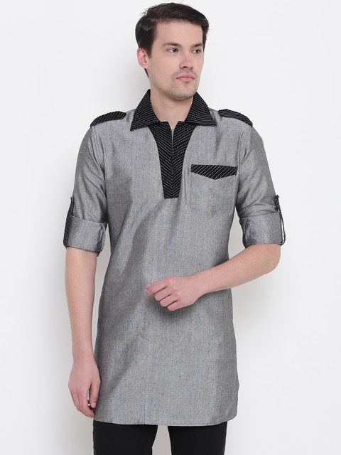

Manish Creations Men Grey & Black Solid Pathani Kurta