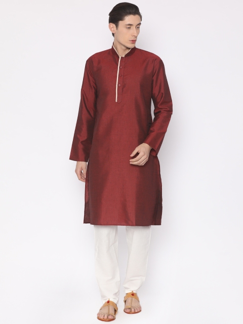 

Manish Creations Men Maroon & White Solid Kurta with Pyjamas