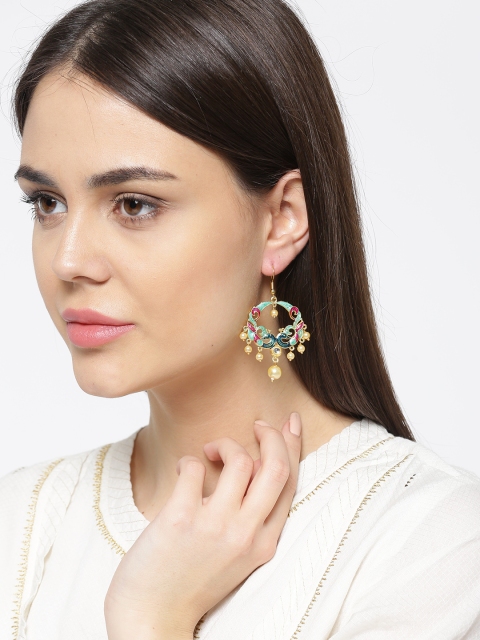 

Priyaasi Green & Pink Gold-Plated Peacock Shaped Beaded Drop Earrings