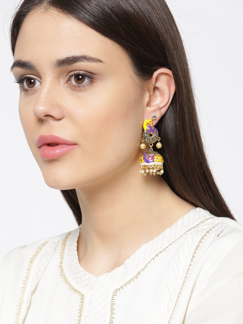 

Priyaasi Yellow & Purple Antique Gold-Plated Hand Painted Peacock Shaped Jhumkas