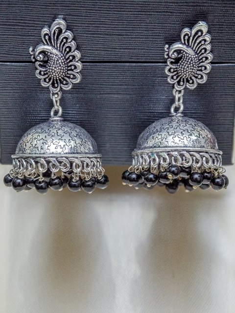 

Priyaasi Black Oxidised Silver-Plated Peacock Shaped Jhumkas