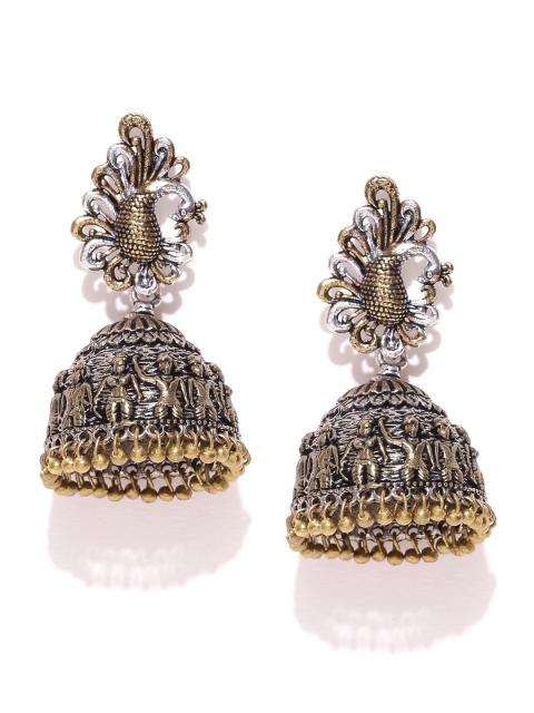 

PRITA Oxidised Silver-Toned Antique Gold-Plated Peacock Shaped Jhumkas