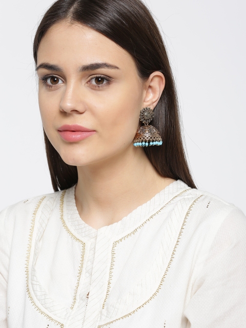 

Priyaasi Antique Gold-Toned & Turquoise Blue Dome-Shaped Jhumkas