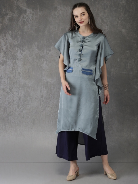 

Anouk Women Grey Woven Design High-Low Straight Kurta