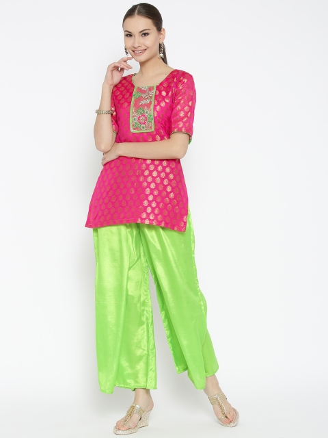 

Banarasi Style Women Pink & Green Self-Design Kurti with Palazzos