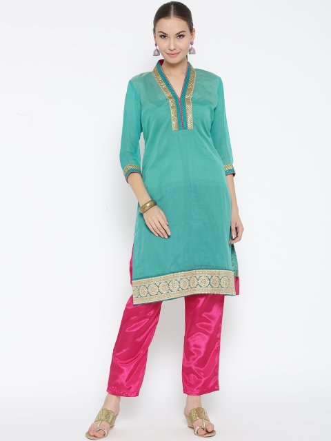 

Banarasi Style Women Sea Green & Pink Solid Kurta with Trousers