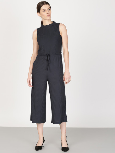 

ether Women Navy Blue Solid Basic Jumpsuit