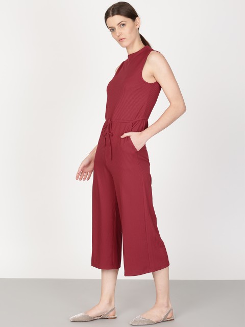 

ether Women Maroon Self-Striped Basic Jumpsuit