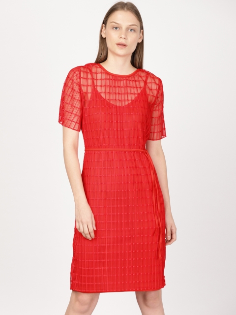 

ether Women Red Solid Semi Sheer Sheath Dress