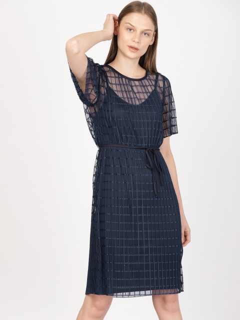

ether Women Navy Blue Self Design Semi Sheer Sheath Dress