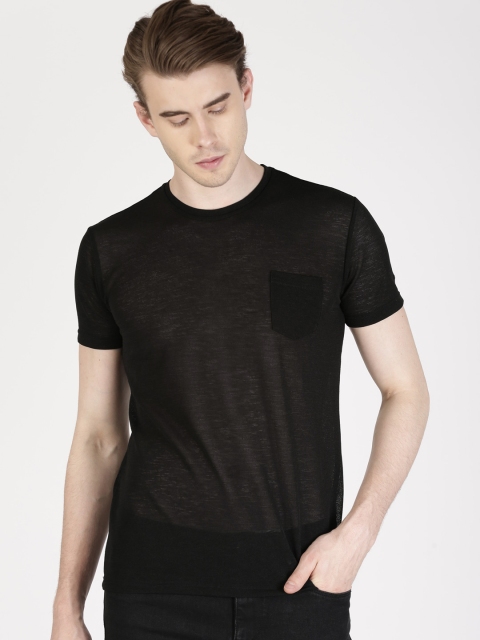

ether Men Black Solid Round Neck T-shirt