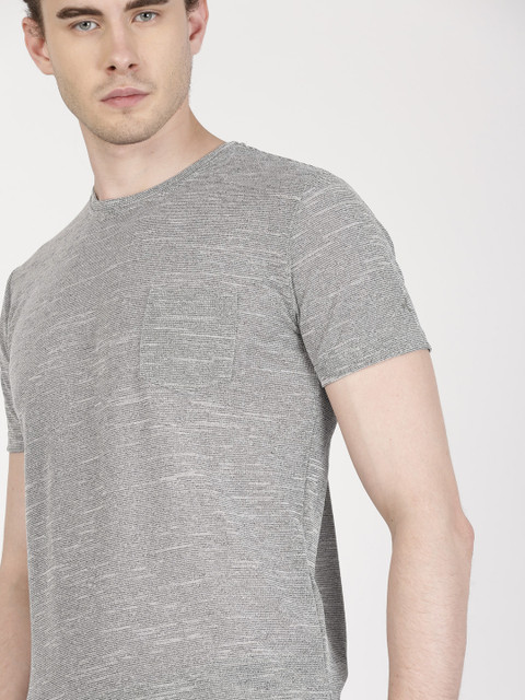 

ether Men Grey Self Design Round Neck T-shirt