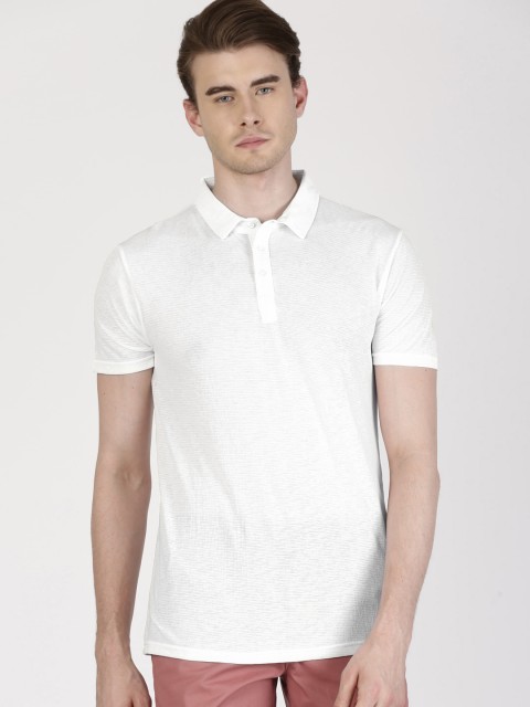 

ether Men White Self-Striped Polo Collar T-shirt