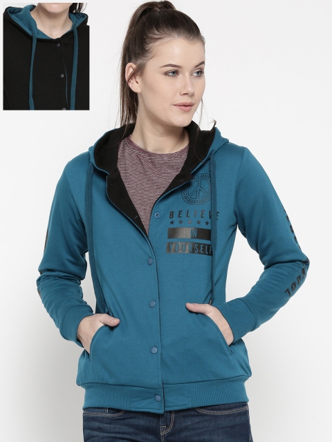 

Monte Carlo Women Teal Blue & Black Solid Reversible Hooded Sweatshirt