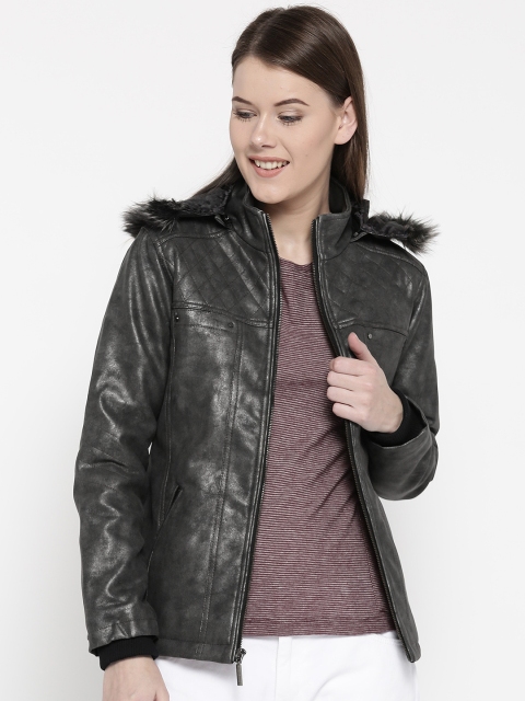 

Monte Carlo Women Charcoal Grey Solid Biker Jacket with Detachable Hood