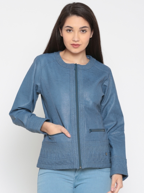 

Monte Carlo Women Blue Solid Biker Jacket